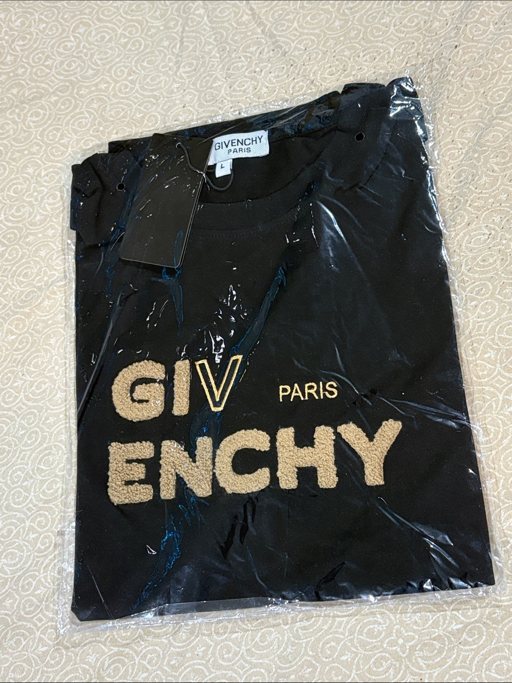 Givenchy Black Short-Sleeve Logo Tee with Tan Gold Lettering